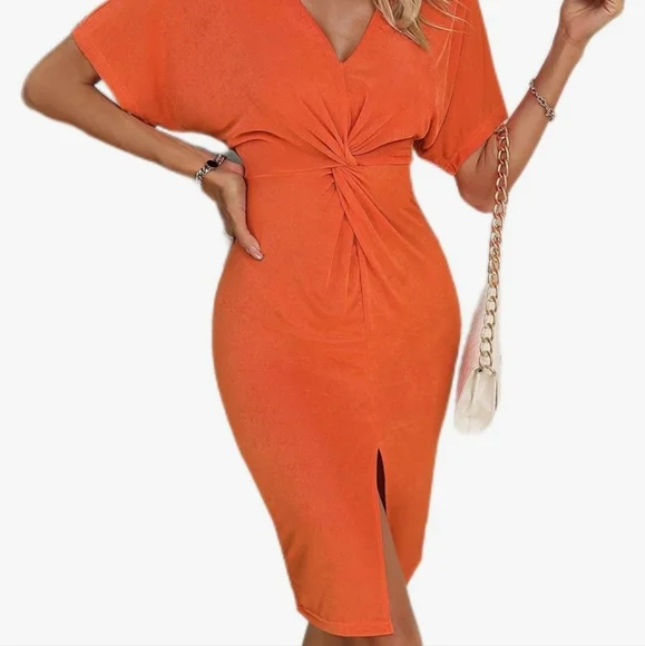 NWT Women's Fashion Dress Twist Front Batwing Sleeve Split Thigh Dress - Picture 6 of 7